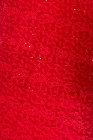 Red net fabric with intricate chikan embroidery and delicate sequin accents (unstitched material)
