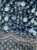Elegant navy blue net fabric with intricate floral embroidery and delicate sequin highlights. Lightweight and graceful, perfect for party wear, gowns, sarees, and festive outfits (unstitched material).