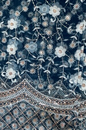 Elegant navy blue net fabric with intricate floral embroidery and delicate sequin highlights. Lightweight and graceful, perfect for party wear, gowns, sarees, and festive outfits (unstitched material).