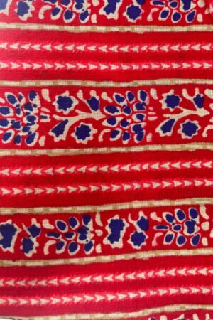 Pure cotton fabric with traditional block print in red and blue floral pattern. Soft, breathable, and perfect for kurti, dress, tops, and casual ethnic wear (unstitched material).