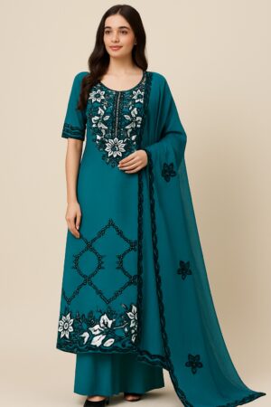 Elegant Roman Silk with intricate floral embroidery in white and black on a deep teal base. Comes with three pieces – suit, pant and dupatta. The fabric is soft, flowy and luxurious – perfect for festive wear, parties and special occasions (unstitched material)