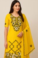 Elegant Roman Silk with intricate floral embroidery in white and black on a bright yellow base. Comes with three pieces – suit, pant and dupatta. The fabric is soft, breathable and flowy, making it ideal for festive wear, parties and special occasions. (unstitched material).