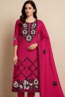 Elegant Roman Silk with intricate floral embroidery in white and black on a vibrant magenta base. Comes with three pieces – suit, pant and dupatta. The fabric is soft, breathable and flowy, making it perfect for festive wear, parties and special occasions(unstitched material).