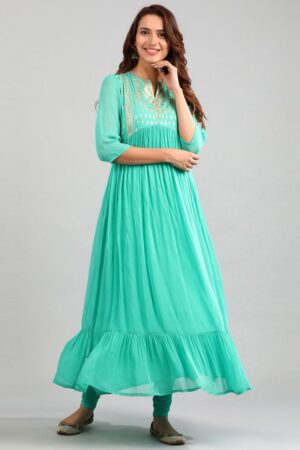 Aurelia Turquoise Band Collar Printed Dress without pant