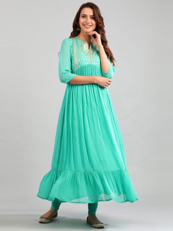 Aurelia Turquoise Band Collar Printed Dress without pant