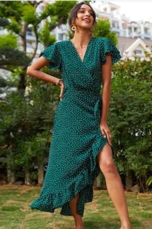 URBANIC Green & White Polka Dots Wrap Maxi Dress