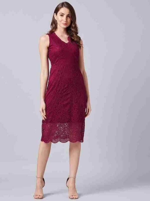 Women Self Design Burgundy bodycon Dress