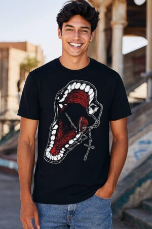 Black and red Ruthless tshirt with plain black back