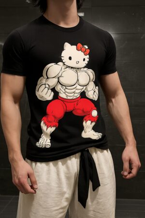 Black and white Muscular kitty tshirt for gym rats plain back