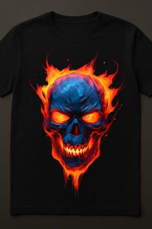 Black and blue Flaming skull tshirt with plain black back