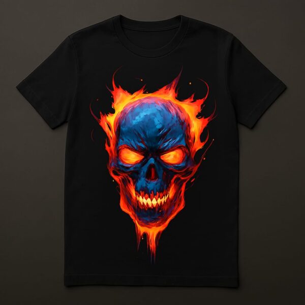 Black and blue Flaming skull tshirt with plain black back