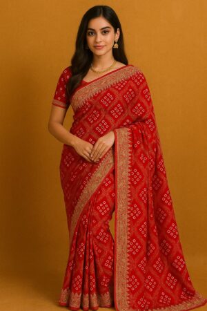 Red silk saree with traditional bandhani-inspired patterns and a rich golden embroidered border with blouse piece