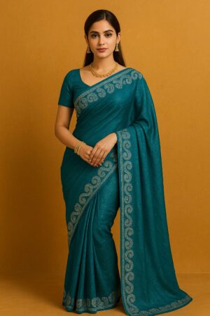 Teal Jimmy Choo saree with a shimmering finish and golden embroidered border with blouse piece