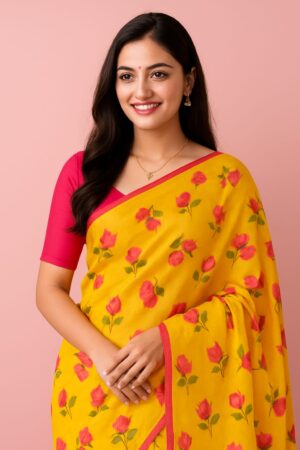 Chiffon yellow saree adorned with vibrant pink floral prints and a matching pink border, paired with a contrasting pink blouse piece