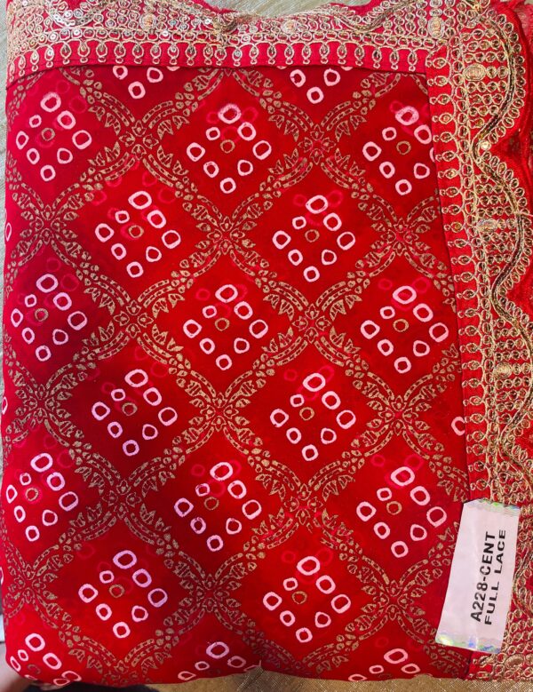 Red silk saree with traditional bandhani-inspired patterns and a rich golden embroidered border with blouse piece - Image 2