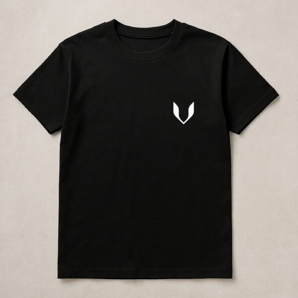 Black T-shirt with ‘V’ logo on the front and a striking inverted figure graphic on the back, giving it a bold and contemporary streetwear vibe. - Image 2