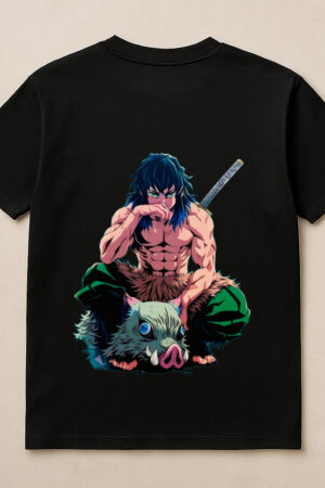 Black T-shirt with ‘V’ logo on the front and a bold anime-inspired warrior graphic on the back, featuring a muscular fighter seated with a beast mask, perfect for anime lovers and streetwear style.
