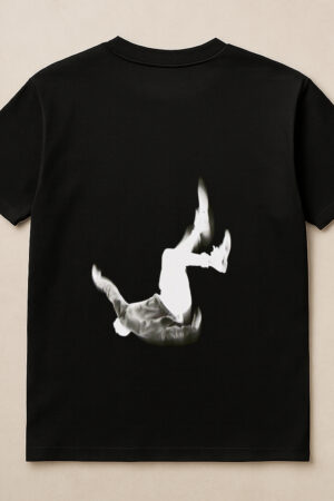 Black T-shirt with ‘V’ logo on the front and a striking inverted figure graphic on the back, giving it a bold and contemporary streetwear vibe.