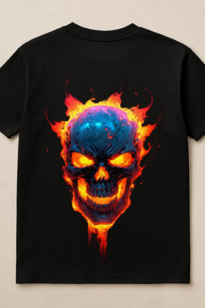 Black T-shirt with ‘V’ logo on the front and a fiery skull graphic on the back, creating a bold and edgy streetwear look.