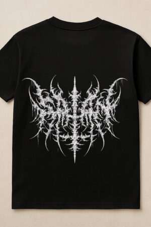 Black T-shirt with ‘V’ logo on the front and a striking abstract white graphic on the back, giving bold gothic and streetwear vibes.